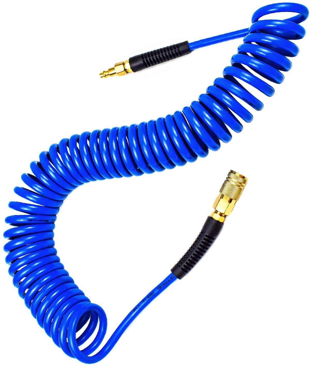 FANHAO Polyurethane Recoil Air Hose, Air Compressor Hose 1/4" Inner Diameter by 25' Long with Bend Restrictor, 1/4" Industrial Quick Coupler and Plug, Blue