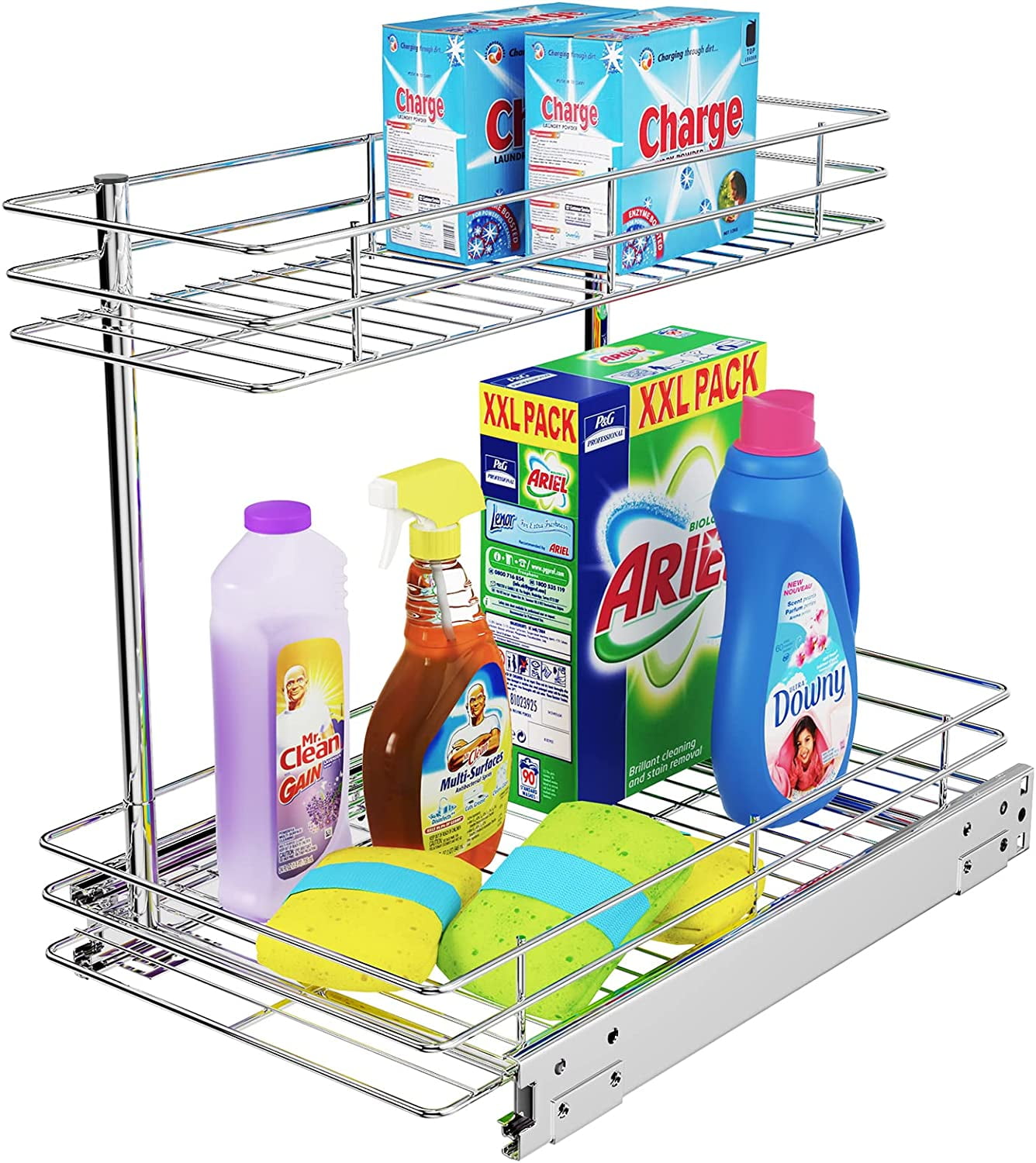 FANHAO Pull Out Organizer, 2 Tier Wire Basket Under Sink Slide