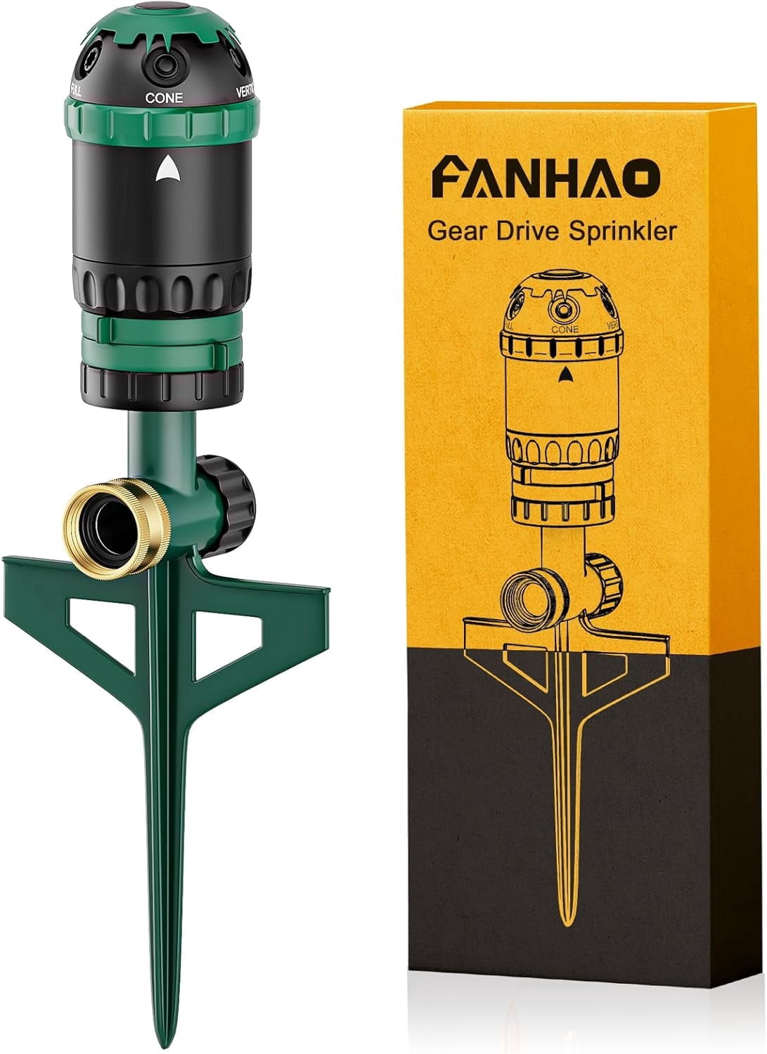 FANHAO Heavy Duty Gear Drive Lawn Sprinkler for Garden Irrigation with Spike Base, 5 Spray Patterns, 360° Rotating Water Sprinkler,
