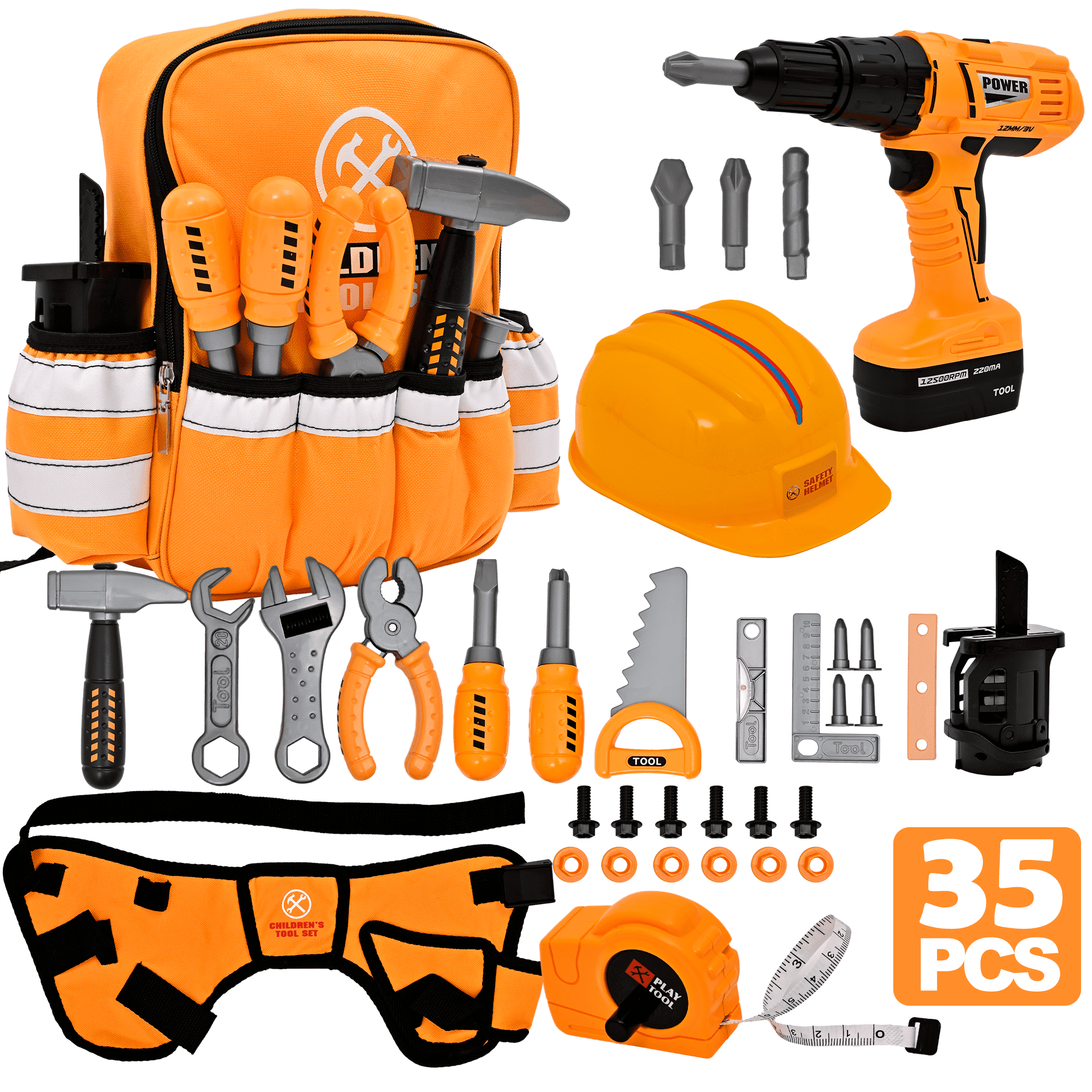 TOPFOX 35PCS Kids Tool Set - Pretend Play Kids Tool Toys with Construction Backpack Costume & Electronic Toy Drill for Boy Girl Halloween Birthday Dress Up Party