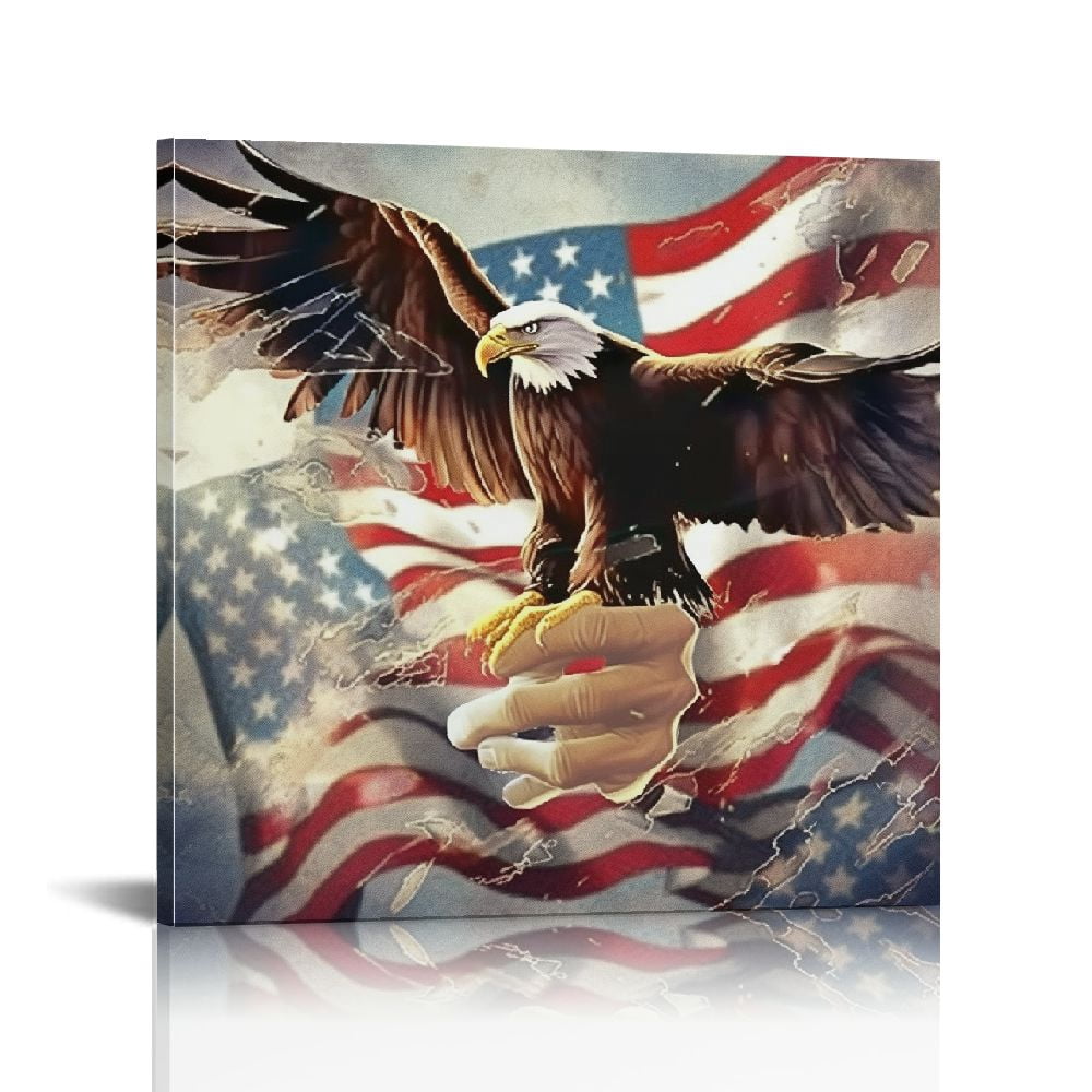 American Flag Eagle Canvas Wall Art 24x36 - Patriotic Bald Eagle Painting For Living Room, Office Decor