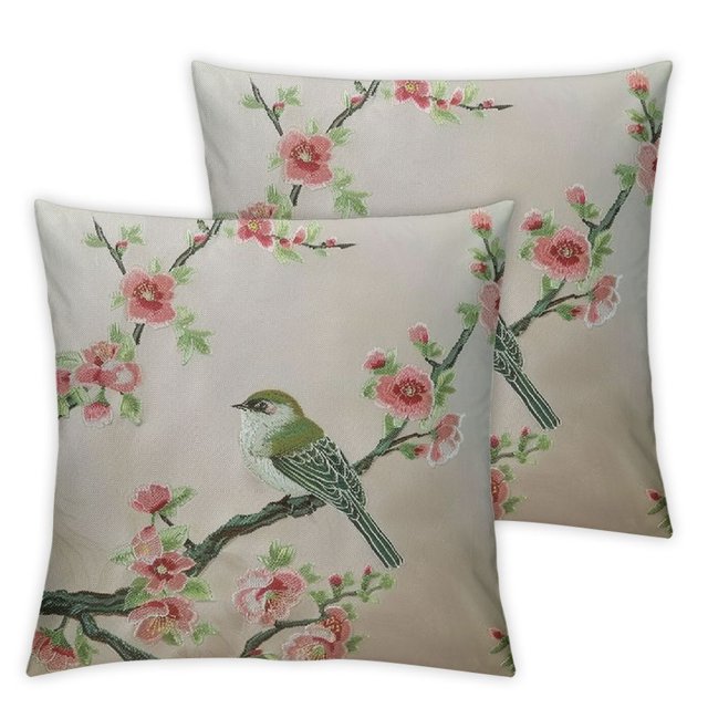 FANNA Embroidered Pink Flower Birds Throw Pillow Covers Spring
