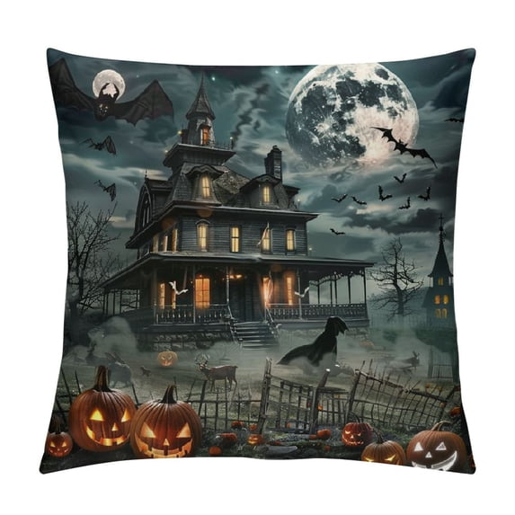 FANNA Haunted House Pumpkins Full Moon Plush Pillow Case 1PC Halloween Pillowcase Autumn Printed on Both Sides 12x12in