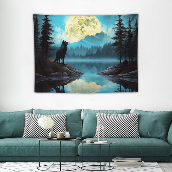 FANNA Moon Over Ocean Tapestry Wall Hanging, Galaxy Wolf on Mountain Wall Tapestry, 3D Fantasy Watercolor Starry Night Sky Forest Tapestry Wall Art for Bedroom Living Room Dorm Home Decor 40x30in