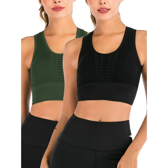 FANNYC 1/2 Pcs High Impact Sports Bra For Women Mesh Openwork Bra Athletic Workout Tank Tops Longline Yoga Tops Stretch Padded Racerback Sports Bras For Running Active Gym Fitness