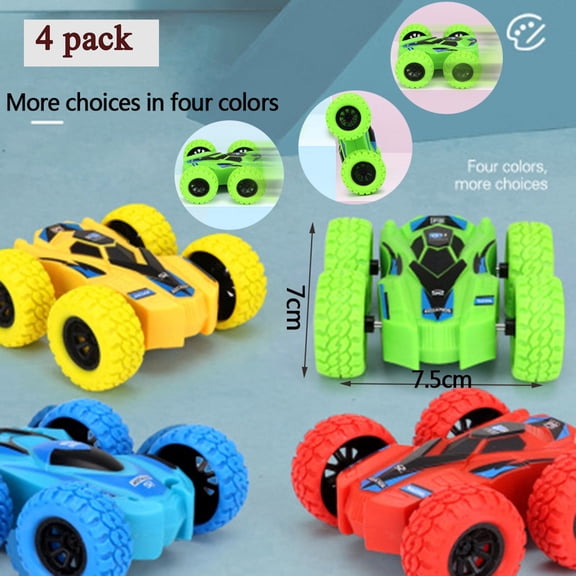 FANNYC 4 Pack Pull Back Cars Toys Set Friction Powered Car, Truck Double-Sided Inertial Car, Toddlers Kids Push And Go Vehicles, 4 Wheels Drive Spins And Flips Friction Powered Toy Cars