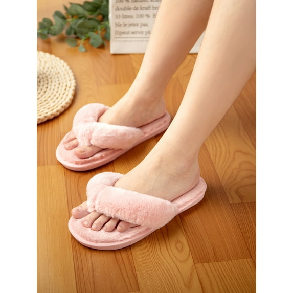FANNYC Cozy Plush Flip Flops Slippers for Women Non Slip Indoor House Slippers Spa Thong Slipper Fluffy Slide Shoes Clip Foot Household Cotton Antiskid Mute Slippers