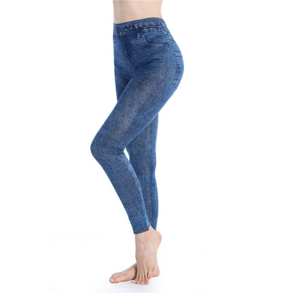 FANNYC Leggings For Women Fake Jeans Denim Print Elastic Pencil Jeans Render Pants High Waist Jeggings Sports Trousers Tummy Control Long Tights