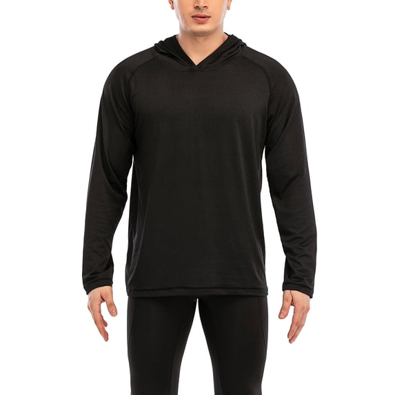 FANNYC Men's Sports Long Sleeve Hoodie Tee High Elastic Workout Running Pullover t-Shirts Gym Activewear Top,Black, Grey