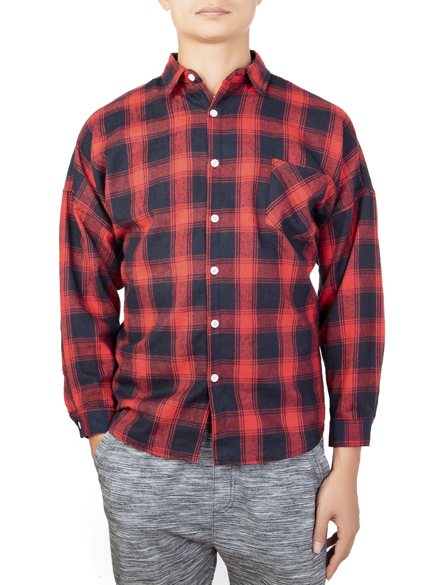 FANNYC Mens Plaid Shirt Long Sleeve Button Down Shirt Blouse Tops Workshirt  Relaxed Fit With Pockets,Red/Black 
