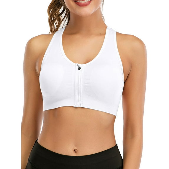 FANNYC Women Racerback Sports Bras High Impact Workout Gym Activewear Bra Zipper Front Close Removable Pad Post-Surgery Bra Solid Wirefree Stretch Fitness Yoga Bras Top