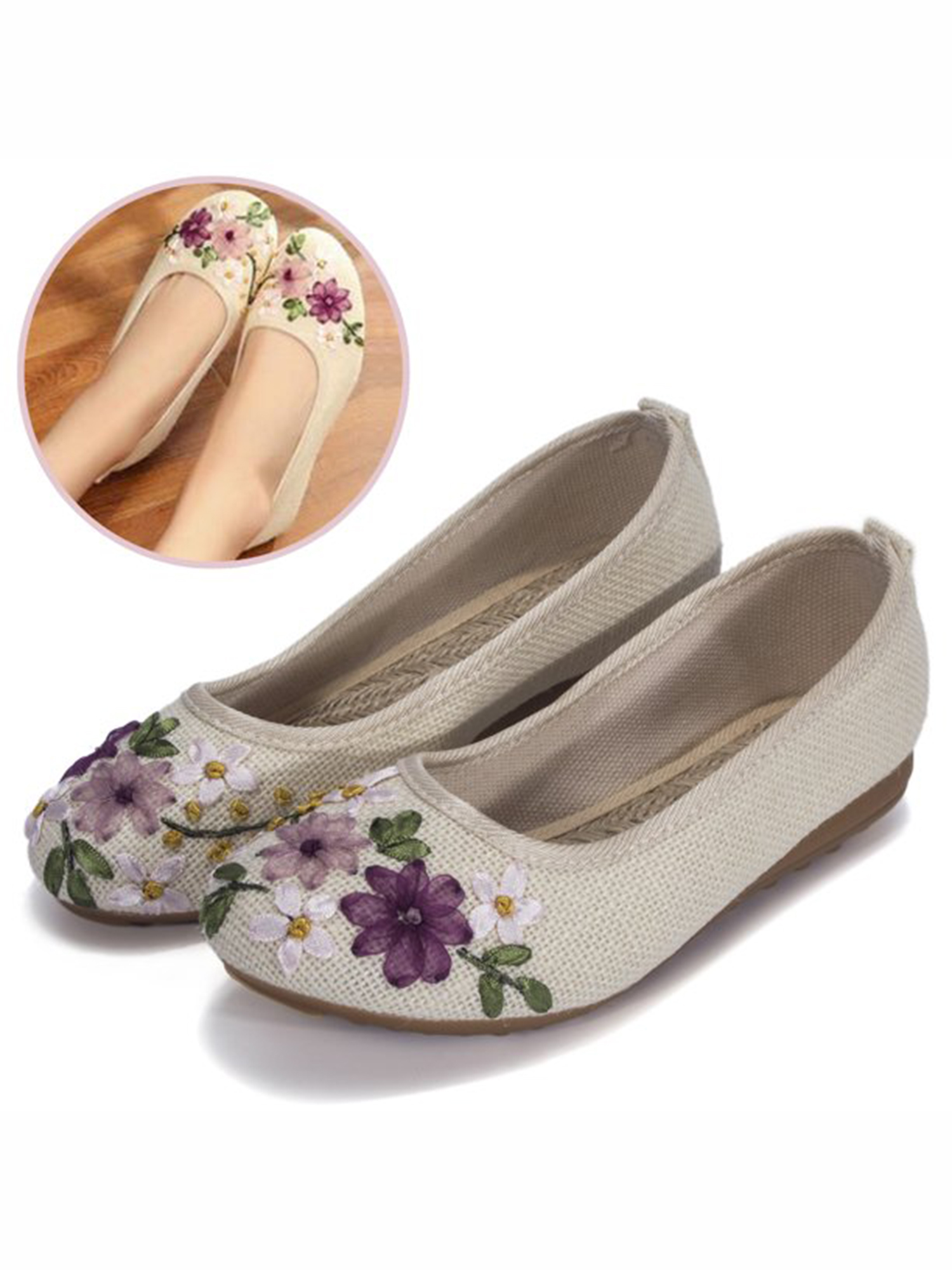 FANNYC Women's Ethnic Style Casual Fit Flat Office Shoes Non-Slip Flat Walking Shoes with Delicate Embroidery Flower Slip On Flats Shoes Round Toe Ballet Flats (4-10 Size) - image 1 of 7
