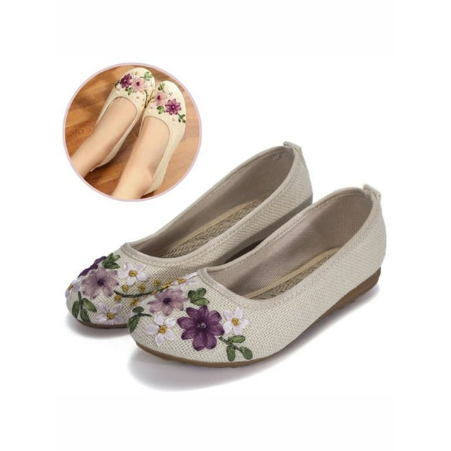 FANNYC Women's Ethnic Style Casual Fit Flat Office Shoes Non-Slip Flat Walking Shoes with Delicate Embroidery Flower Slip On Flats Shoes Round Toe Ballet Flats (4-10 Size)