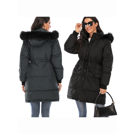 FANNYC Women's Mid-Length Down Padded Jacket Cotton Warm Comfortable Outerwear Loose Winter Thick Hooded-Detachable Lightweight Coat Fashion Zipper Plush Hat