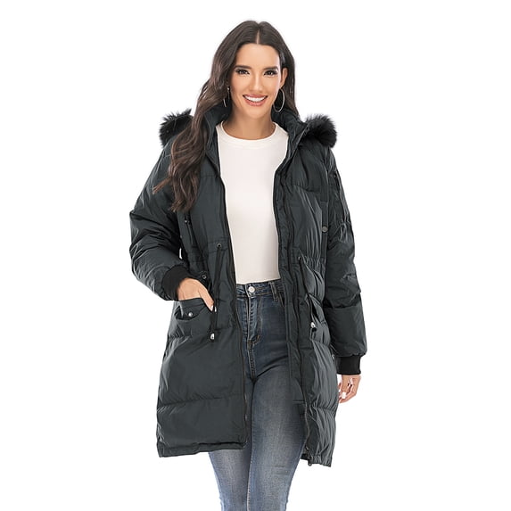 FANNYC Women's Winter Cotton Thick Down Jacket Warm Draw Back Waist Coat Windproof Mid-Length Hooded Detachable Hat With 5 Pockets,Black/ Black Gray,M-2XL