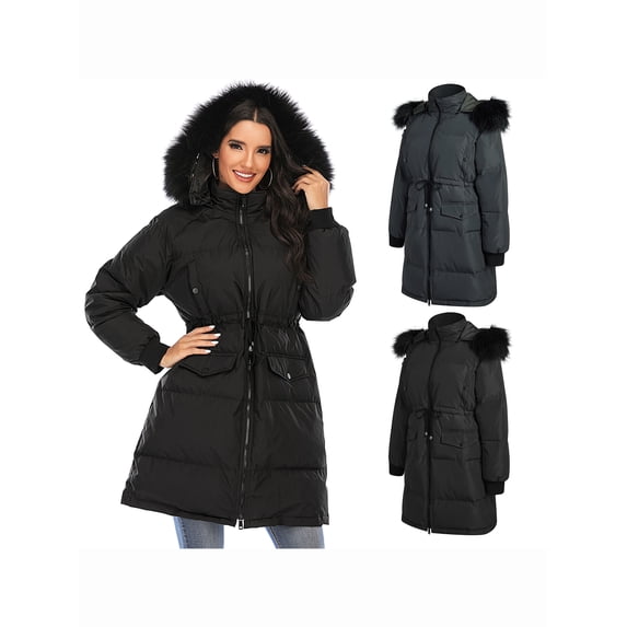 FANNYC Women's Winter Cotton Thick Down Jacket Warm Draw Back Waist Coat Windproof Mid-Length Hooded Detachable Hat With 5 Pockets,Black/ Black Gray,M-2XL