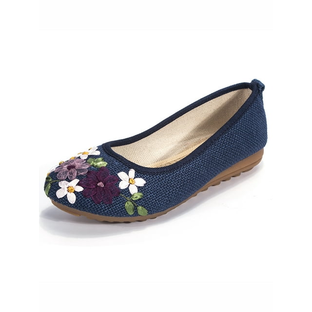 FANNYC Womens Women's Ethnic Style Casual Fit Flat Office Embroidered Shoes Ballet Flats Floral Embroidered Cut Platform Shoe Slip On Casual Driving Loafers Hemp soled shoes