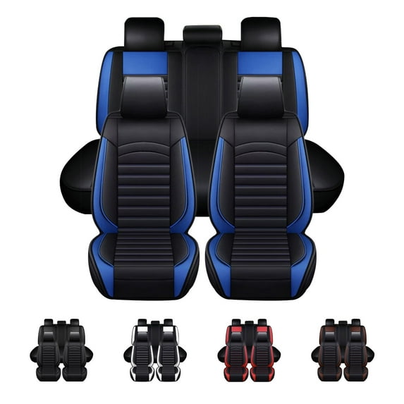 FANOTEK 5 Seats Universal Car Seat Covers Full Set Breathable PU Leather Automotive Seat Covers For Car SUV Sedan,Black&Blue