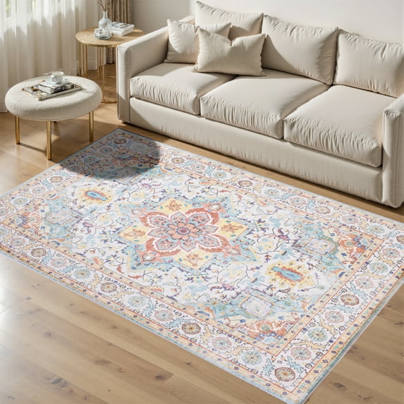 FANOTEK 5 x 7 ft Area Rug for Living Room Bedroom Dining Room Vintage Design Washable Area Rugs with Non Slip Rugs Yellow & Brown