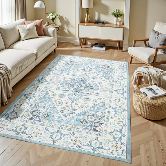FANOTEK 6 x 9 ft Vintage Area Rug for Bedroom Dining Room Living Room Indoor Rugs Faux Wool Floor Mats Washable Non Slip Carpet Blue