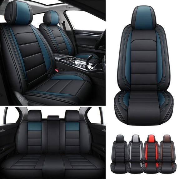FANOTEK Black/Blue, PU Leather, Waterproof, Cushioned, Front Rear Seat Covers, 5 Pieces
