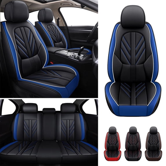 FANOTEK Black Blue, Pu Leather, Waterproof, Front Rear Seat Covers, 5 Pieces