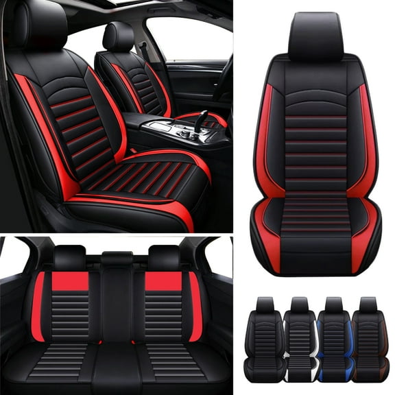 FANOTEK Black Red, PU Leather, Waterproof, Front Rear Seat Covers, 5 Pieces