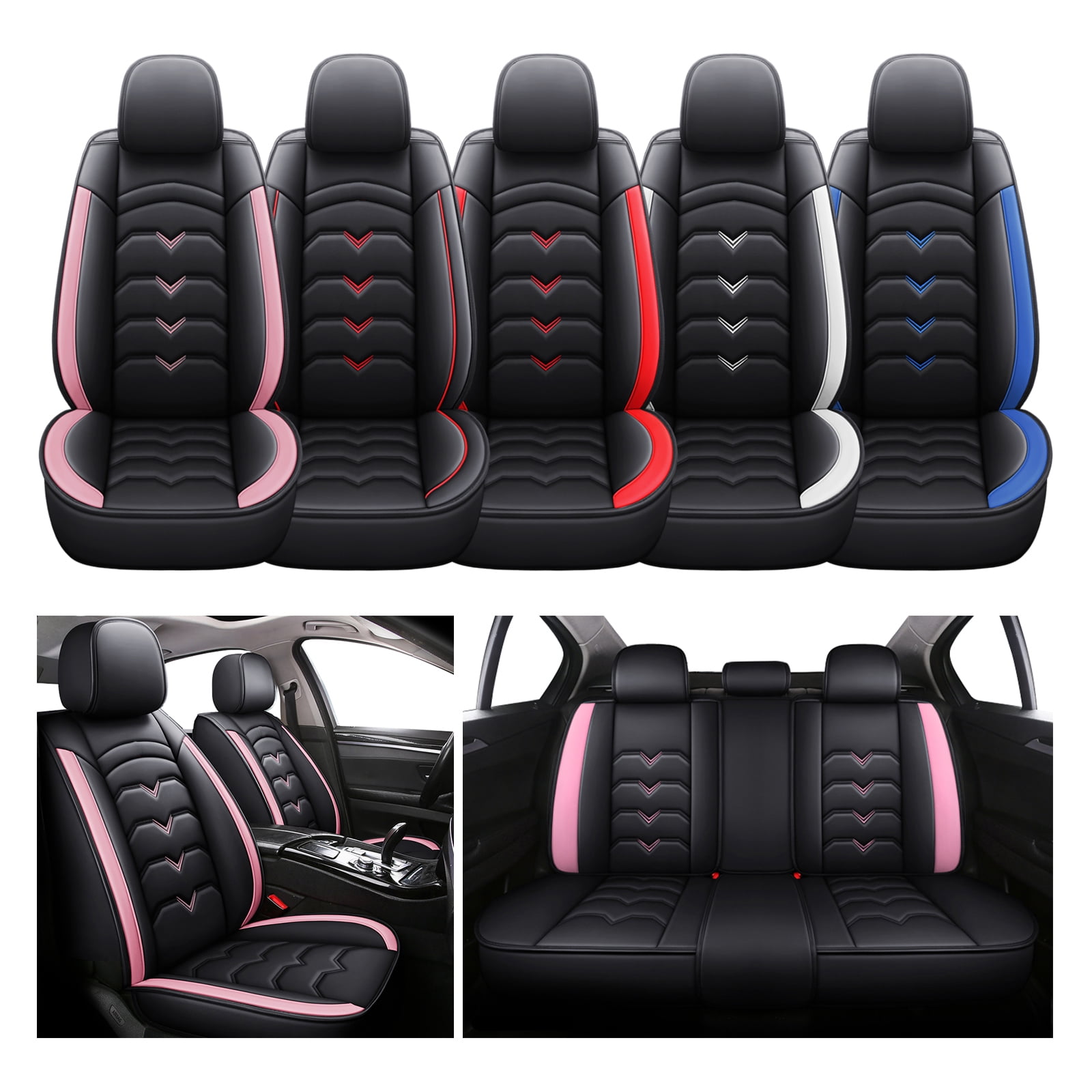 FANOTEK Black and Pink, Premium Leather, Full Set, Front and Rear Seat Covers, 5 Pieces