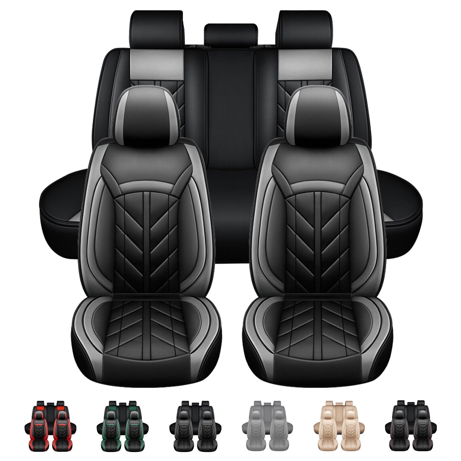 FANOTEK Car Seat Cover for Chevy Cruze Malibu 5 Seats Full Set, Wear-resistant Pu Leather Front Rear Seat Cushion Protector for Cobalt Impala Prizm Black Gray