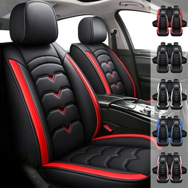 FANOTEK Car Seat Covers for 5 Seats Sedan SUV Universal Fit, Waterproof PU Leather Cushion Protector, Front Rear Full Set Black + Red