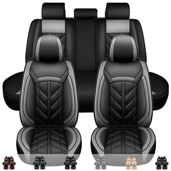 Car Seat Cover for Ford 5 Seats, Premium Pu Leather Auto Cushion Protector, Front&Rear Full Set for EcoSport Edge Escape Fusion Black+Gray