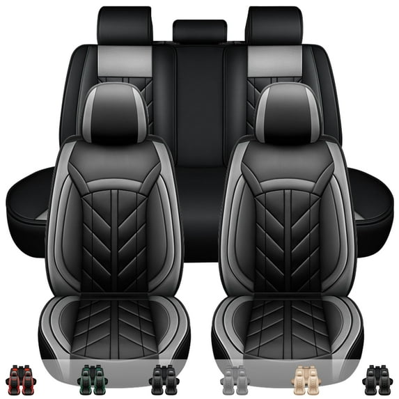 Car Seat Cover for Ford 5 Seats, Premium Pu Leather Auto Cushion Protector, Front&Rear Full Set for EcoSport Edge Escape Fusion Black+Gray
