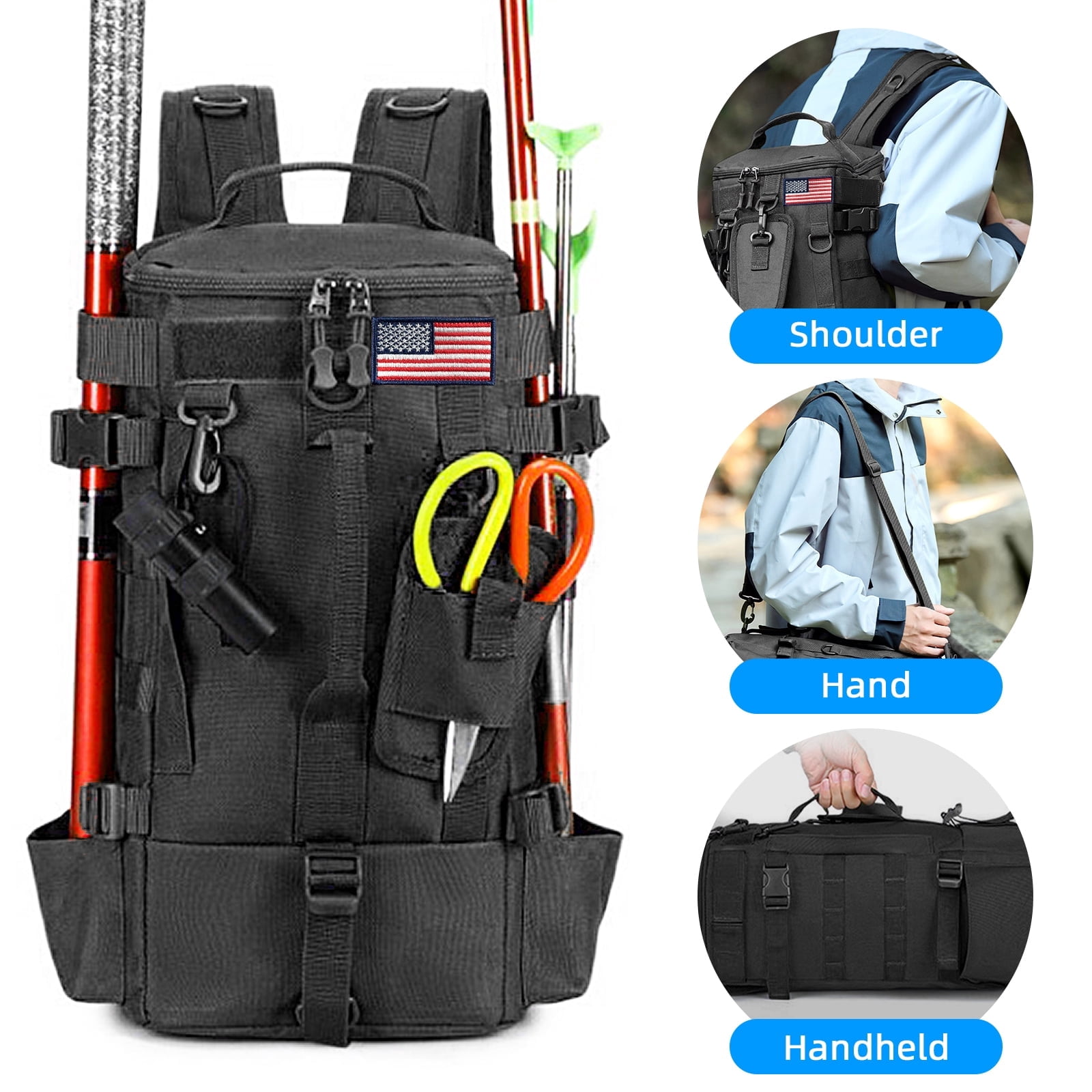FANOTEK Fishing Backpack with Rod Holder, 600D Waterproof Outdoor Tackle Bag, Fishing Gear Tackle Box Storage Bag Black