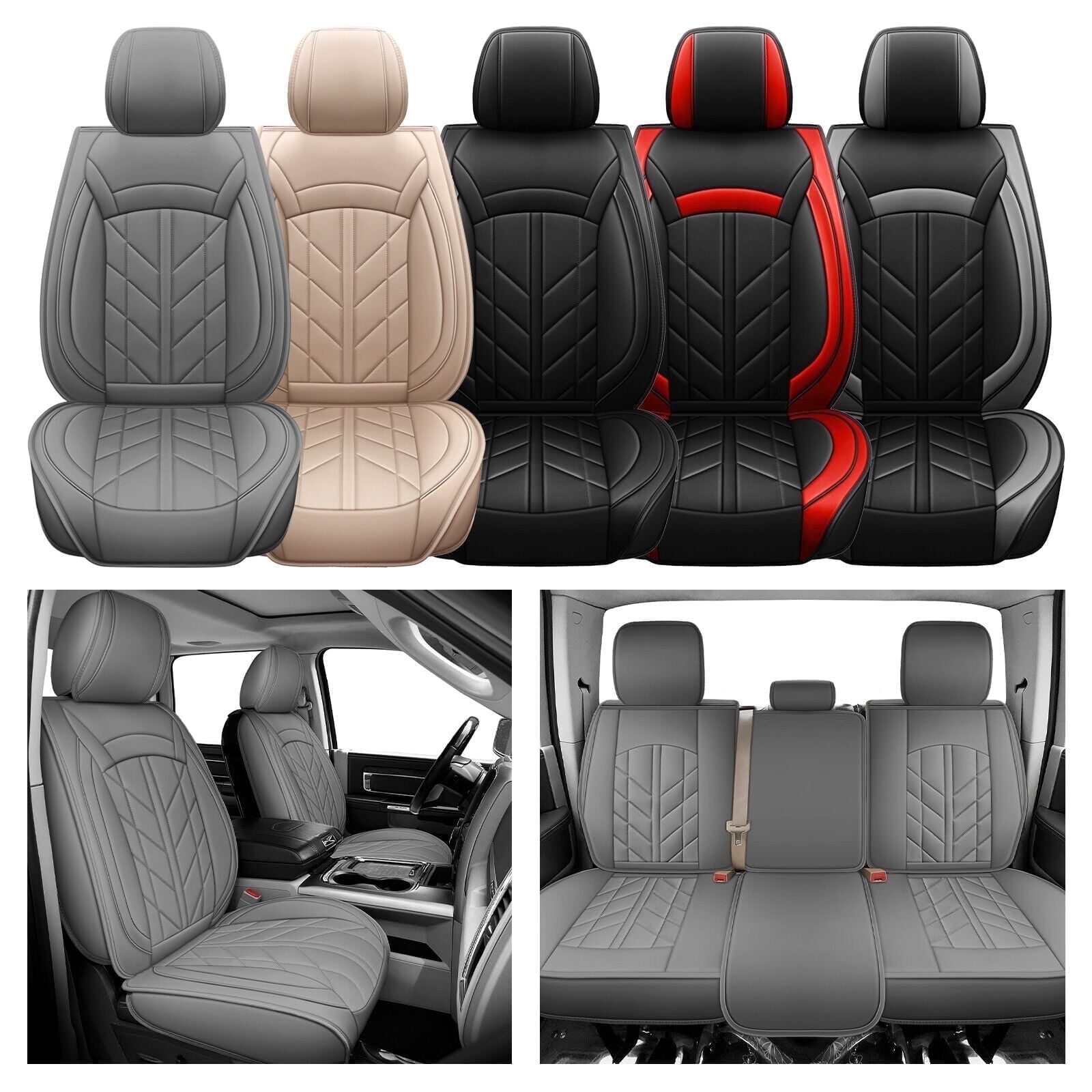 FANOTEK Gray, PU Leather, Cushioned, Front Rear Seat Covers
