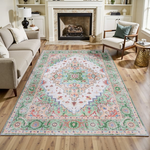 FANOTEK Indoor Area Rug Neutral Boho Farmhouse 8 x 10 ft Faux Wool Floor Rugs for Bedroom Dining Room Living Room Floor Rugs Washable Green & Brown