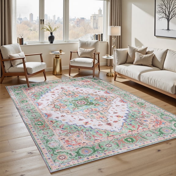 FANOTEK Vintage Area Rug for Bedroom Dining Room Living Room Indoor Rugs 6 x 9 ft Faux Wool Floor Mats Washable Kids & Pet-Friendly Carpet Green & Brown