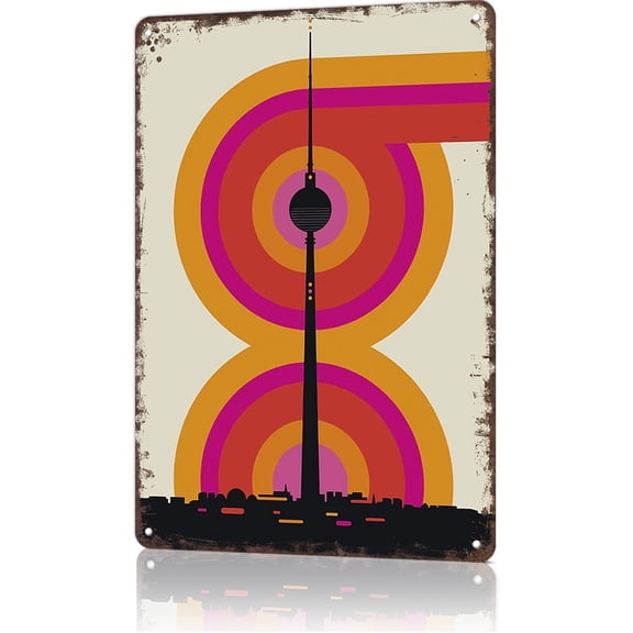 FANPOK Funny Metal Tin Signs Berlin TV Tower Retro Art Cityscape Poster Wall Art for Dorm Home Garage Office Decor 8X12inch