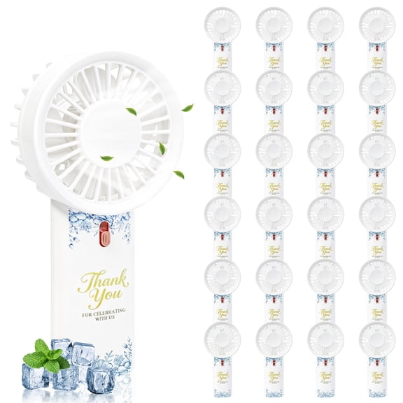 FANPROMS 24 Pcs Handheld Fans for Wedding Guests Bulk, Flower Printed Mini Wedding Fans Portable Electric Personal Fans for Baby Shower Birthday Party Favors Summer Cooling, Battery Not Include Y101