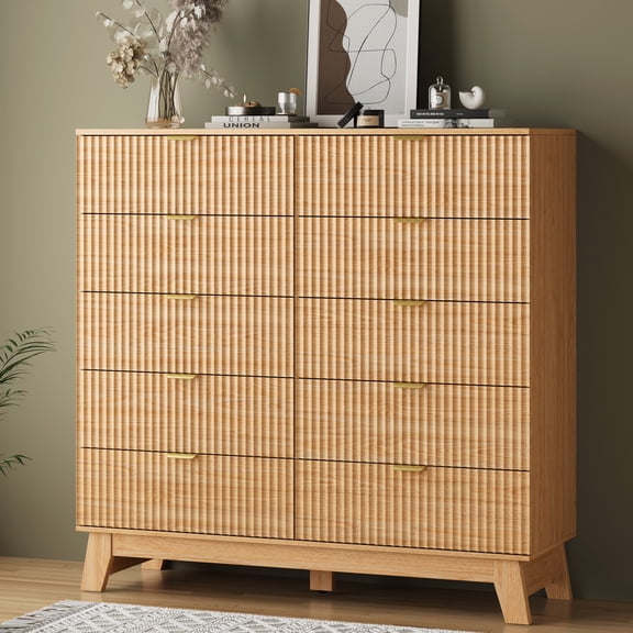 FANRAL 10 Drawers Dresser Fluted Dresser for Bedroom,Wooden Chest of Drawers Modern Dresser for Closet,Natural Oak Dresser