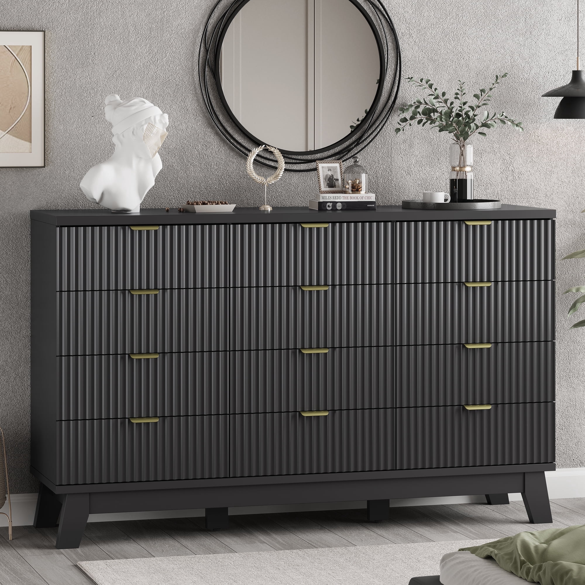 FANRAL 12 Drawers Dresser Fluted Dresser for Bedroom,Wooden Chest of Drawers Modern Dresser for Closet,Black Dresser
