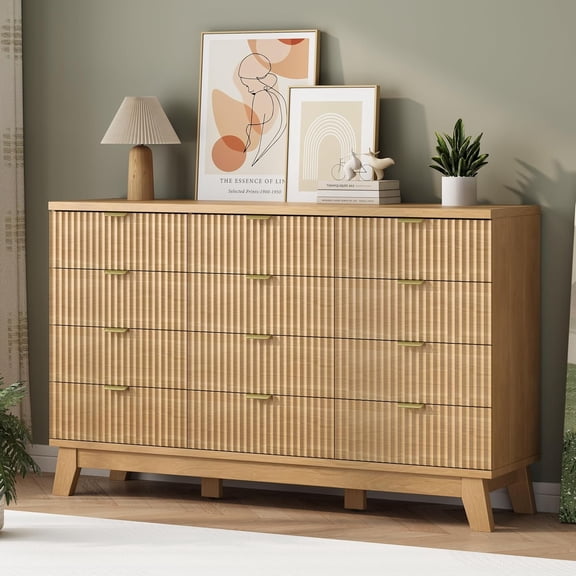 FANRAL 12 Drawers Dresser Fluted Dresser for Bedroom,Wooden Chest of Drawers Modern Dresser for Closet,Natural Oak Dresser