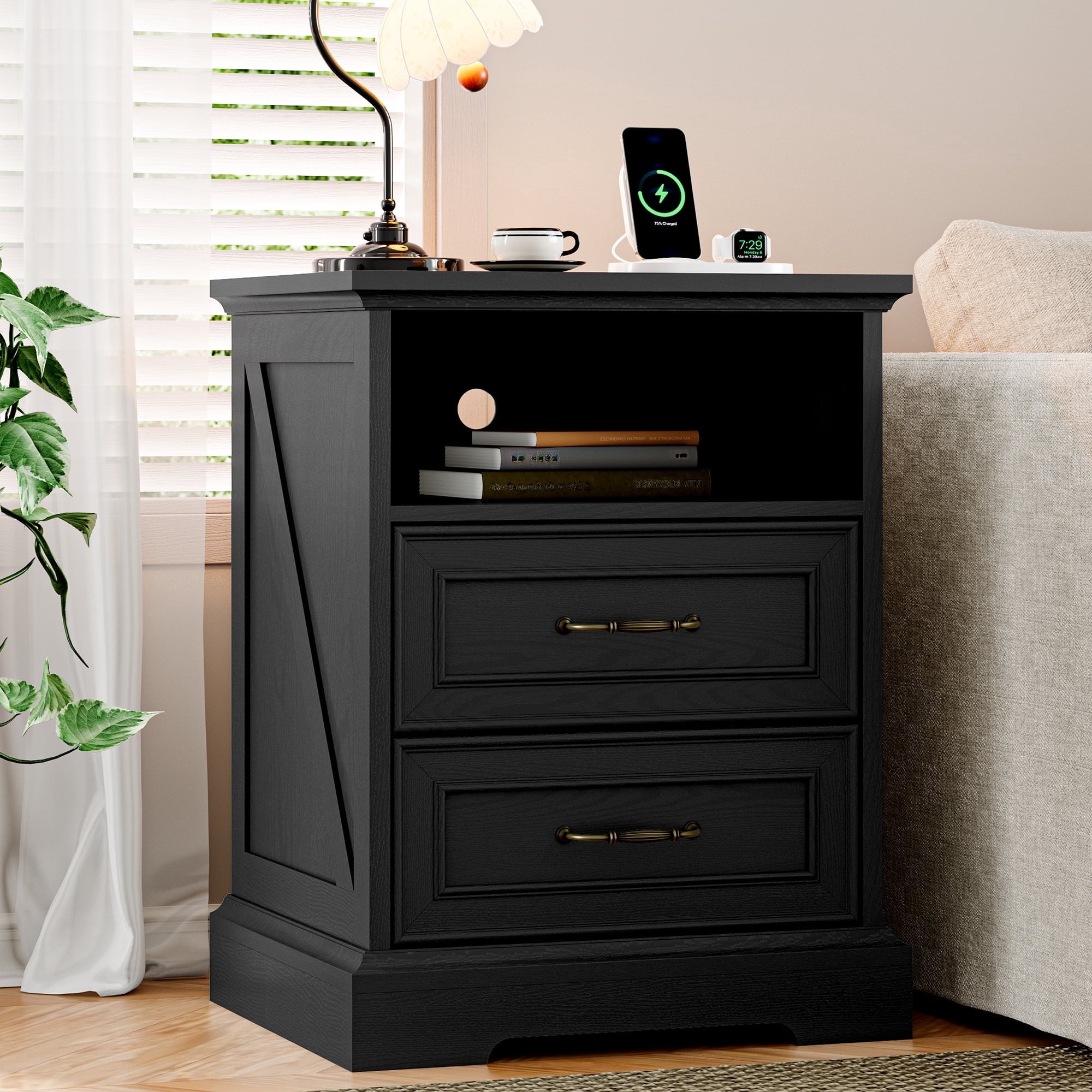 FANRAL 2 Drawers Dresser for Bedroom,Farmhouse Nightstand with Charging Station & Open Shelf,24" Wide Wooden Chest of Drawers,Rustic Storage Cabinet,Black Dresser