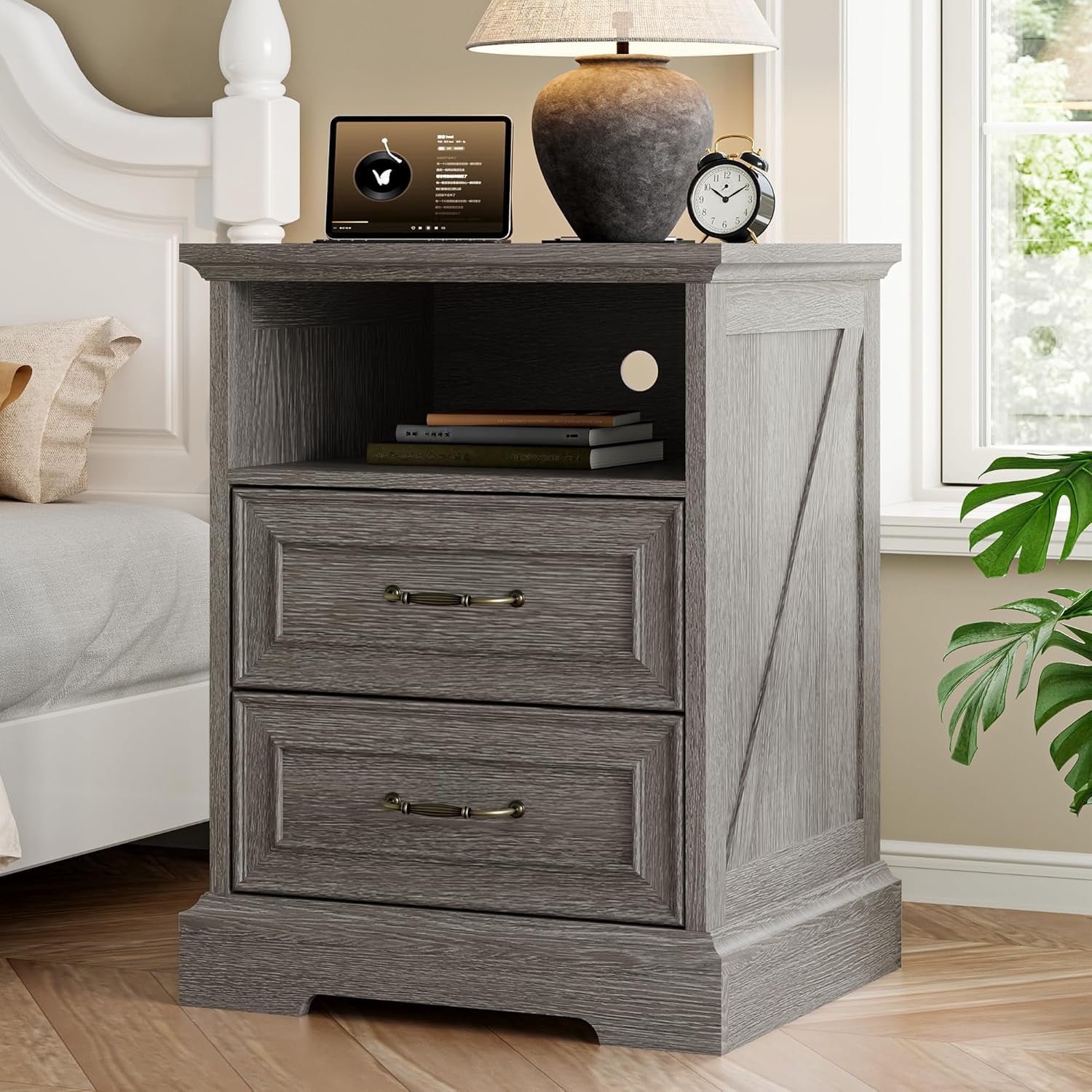 FANRAL 2 Drawers Dresser for Bedroom,Farmhouse Nightstand with Charging Station & Open Shelf,24" Wide Wooden Chest of Drawers,Rustic Storage Cabinet,Dark Gray Dresser