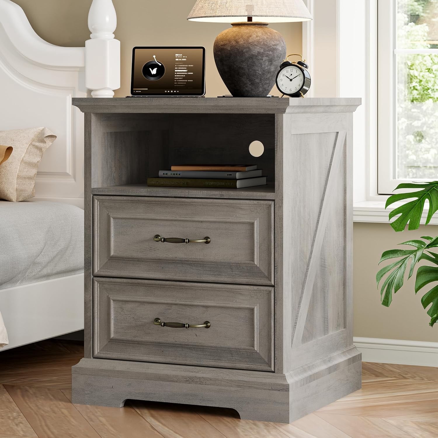 FANRAL 2 Drawers Dresser for Bedroom,Farmhouse Nightstand with Charging Station & Open Shelf,24" Wide Wooden Chest of Drawers,Rustic Storage Cabinet,Light Gray Dresser