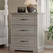 FANRAL 3 Drawer Farmhouse Nightstand,Wooden Bedside Table with Anti-Tip Safety,Storage End Table for Bedroom Living Room,Gray Night Stand