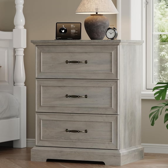 FANRAL 3 Drawer Farmhouse Nightstand,Wooden Bedside Table with Anti-Tip Safety,Storage End Table for Bedroom Living Room,Gray Night Stand