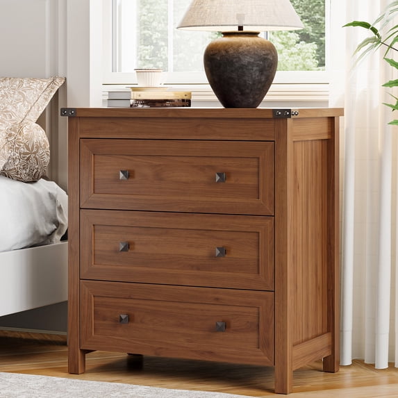 FANRAL 3 Drawer Farmhouse Nightstand,Wooden End Table with Anti-Tip Safety Design,Storage Bedside Table for Bedroom Living Room,Walnut Night Stand