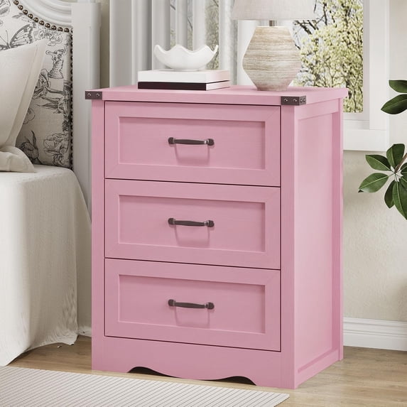 FANRAL 3 Drawer Modern Farmhouse Nightstand,Wooden Bedside Table with Storage,Sturdy End Table for Bedroom Living Room,Pink Night Stand