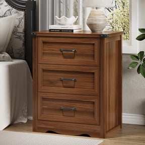 FANRAL 3 Drawer Modern Farmhouse Nightstand,Wooden Bedside Table with Storage,Sturdy End Table for Bedroom Living Room,Walnut Night Stand