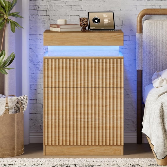 FANRAL 3 Drawer Small Dresser with LED Lights,Modern Fluted Nightstand with Charging Station,Natural Oak Dresser for Bedroom